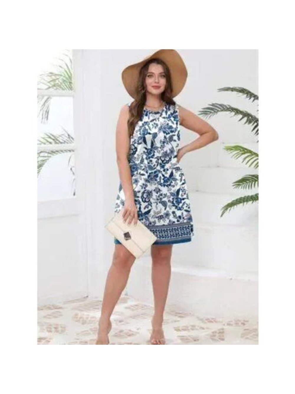 Sleeveless Boho Tank Dress Crewneck Summer - Picture 3 of 5